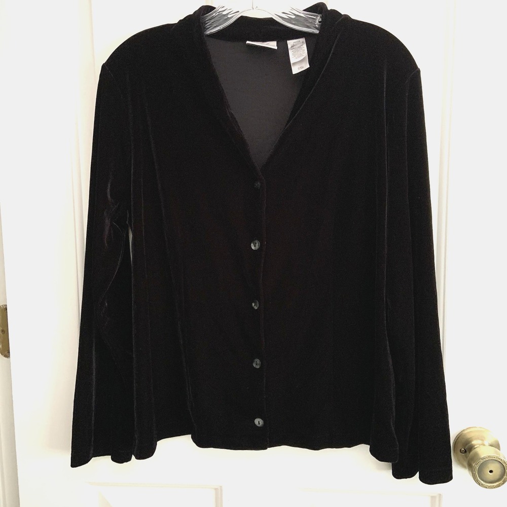 VTG 90s Villager by Liz Claiborne Black Velvet Button front Cardigan Petite L
